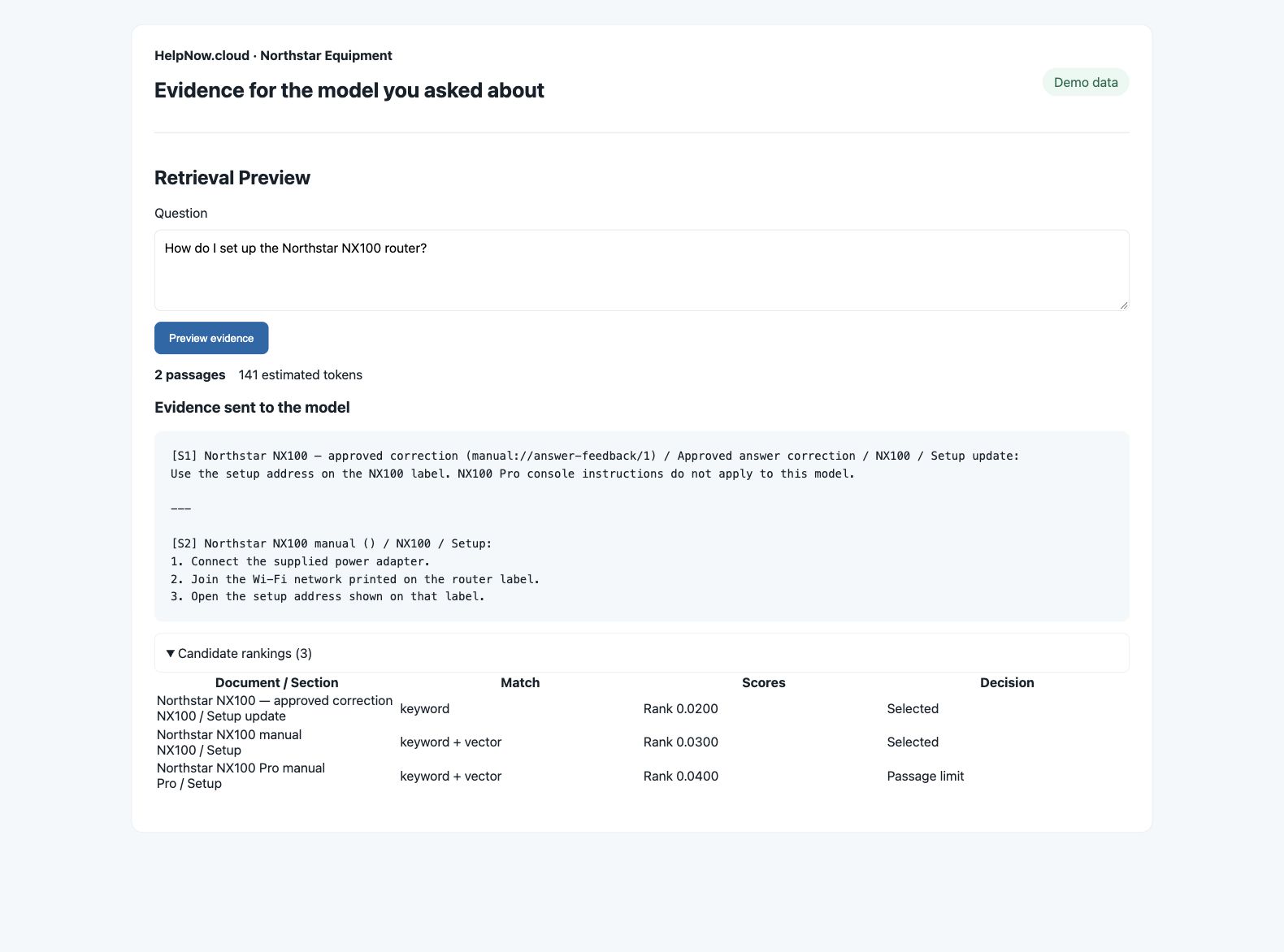 Synthetic product retrieval preview showing an approved correction and the matching NX100 manual ahead of NX100 Pro