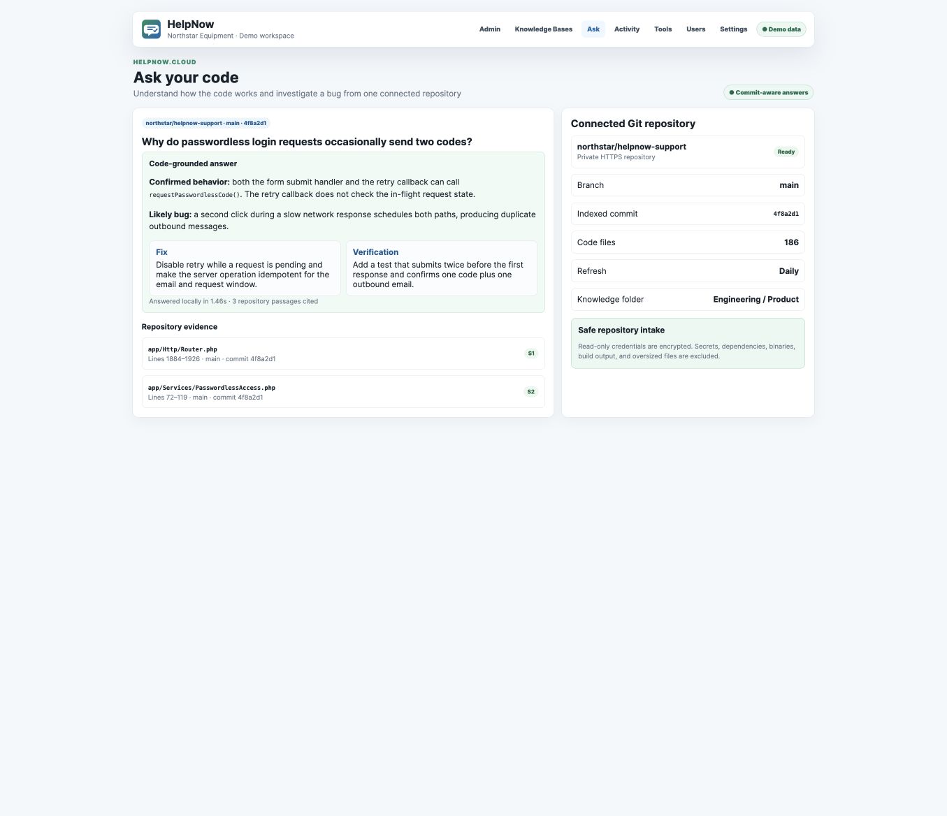 Synthetic Northstar Equipment code question answered from a connected Git repository with file, numbered-line, branch, and commit evidence